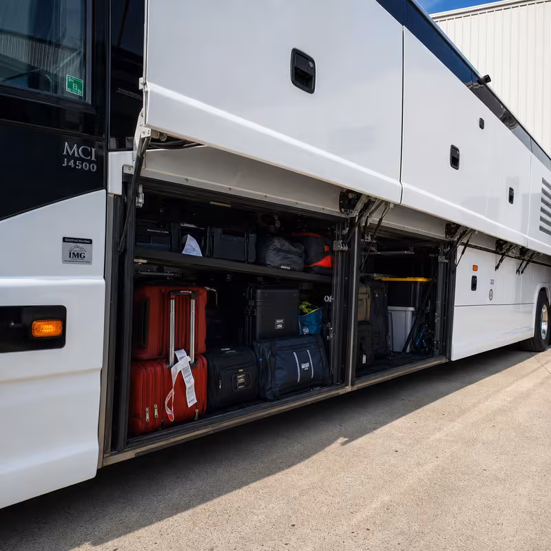 Party bus interior with wraparound leather seating and LED lighting in Greensboro