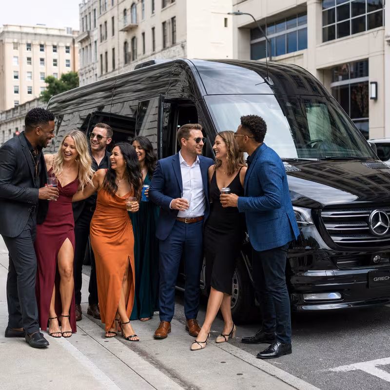 Group boarding a white charter bus for Bachelor & Bachelorette Transportation transportation in Greensboro