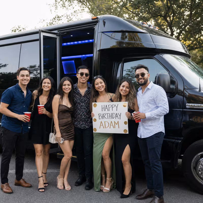 Group boarding a white charter bus for Birthday Transportation transportation in Greensboro
