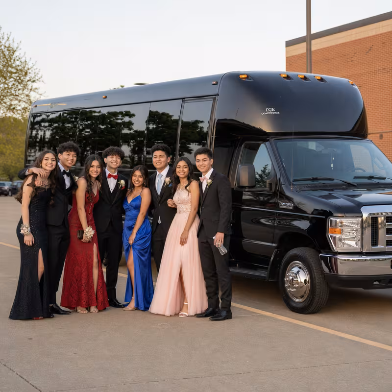 Group boarding a white charter bus for Prom & Homecoming Transportation transportation in Greensboro