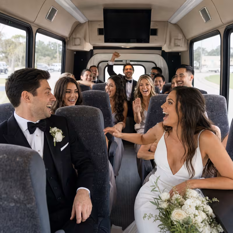 Group boarding a white charter bus for Wedding Transportation transportation in Greensboro