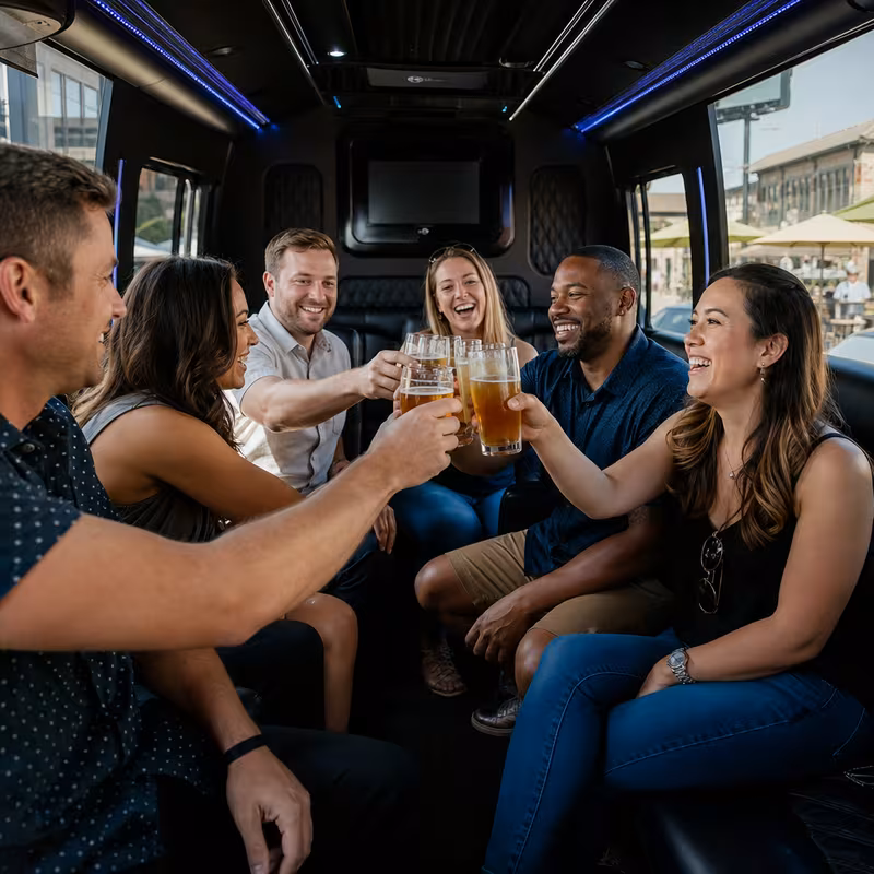 Group boarding a white charter bus for Winery & Brewery Tour Transportation transportation in Greensboro